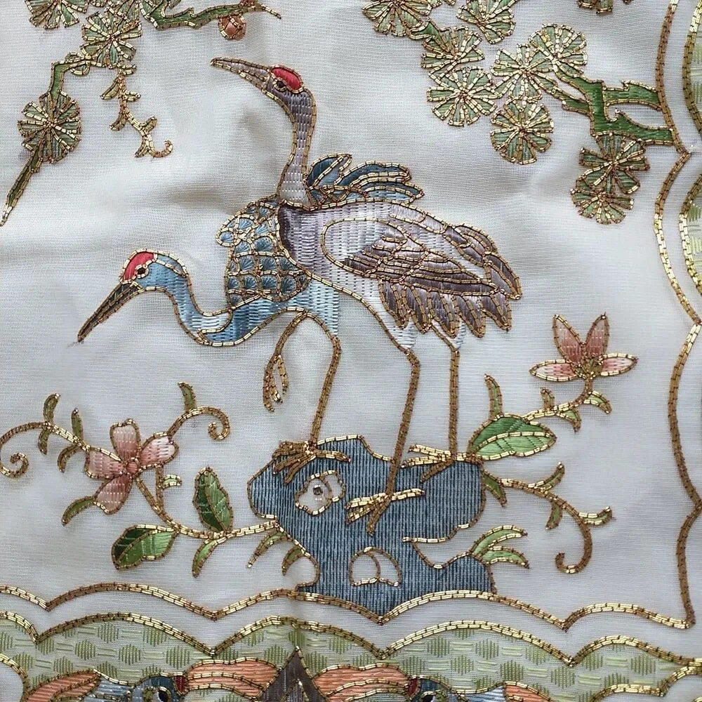 VTG GoldenCloud Pillow Cover Bird Flower Fish Silk Rayon Embroidered Ruffle